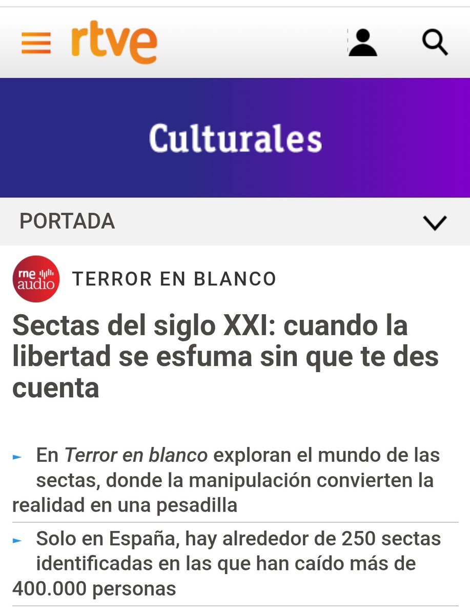 Luis Santamaría del Río 🐦 (@vaicondios) on Twitter photo Así recoge <a href="/rtve/">RTVE</a> algunas ideas importantes del podcast "Atrapados por las #sectas" de <a href="/terror_enblanco/">Terror en Blanco</a>, un buen trabajo de divulgación sobre el tema que ha hecho <a href="/paredesmaria13/">Maria Paredes</a> entrevistándonos a <a href="/JUANTXODOMINGUE/">JUANTXO DOMINGUEZ</a> y a mí
rtve.es/television/202…
<a href="/InfoRIES/">RIES Sectas</a> <a href="/Infosectas/">Info Sectas Uruguay</a> <a href="/CSanzAndrea/">Carlos Sanz Andrea</a> Así recoge <a href="/rtve/">RTVE</a> algunas ideas importantes del podcast "Atrapados por las #sectas" de <a href="/terror_enblanco/">Terror en Blanco</a>, un buen trabajo de divulgación sobre el tema que ha hecho <a href="/paredesmaria13/">Maria Paredes</a> entrevistándonos a <a href="/JUANTXODOMINGUE/">JUANTXO DOMINGUEZ</a> y a mí
rtve.es/television/202…
<a href="/InfoRIES/">RIES Sectas</a> <a href="/Infosectas/">Info Sectas Uruguay</a> <a href="/CSanzAndrea/">Carlos Sanz Andrea</a>