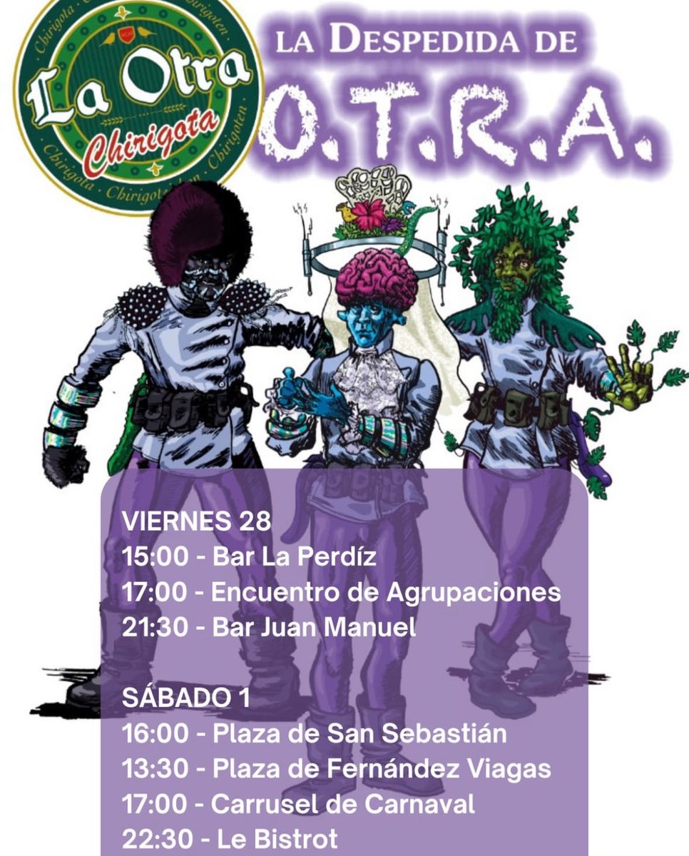 CarnavalATQ's tweet photo. 🎊🎉 Carnaval 2025

Dejamos por aquí todos los horarios y actuaciones de este fin de semana de nuestras chirigotas.

No dudéis en escucharlas todas, menuda suerte tener las chirigotas que tenemos…
🎭👷‍♂️☘️🔫👽🎭 https://t.co/eSFMDx74Ua
