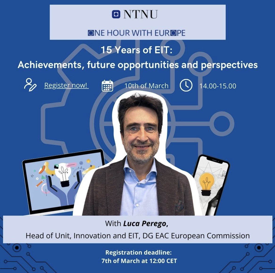 Join our next One Hour with Europe webinar on 10 March, 14:00 CET!💡🌍
Luca Perego will discuss key EIT milestones, including 9 KICs &amp; the upcoming 10th on Water, Marine &amp; Maritime sectors.
Register here: tinyurl.com/NTNU-Brussels