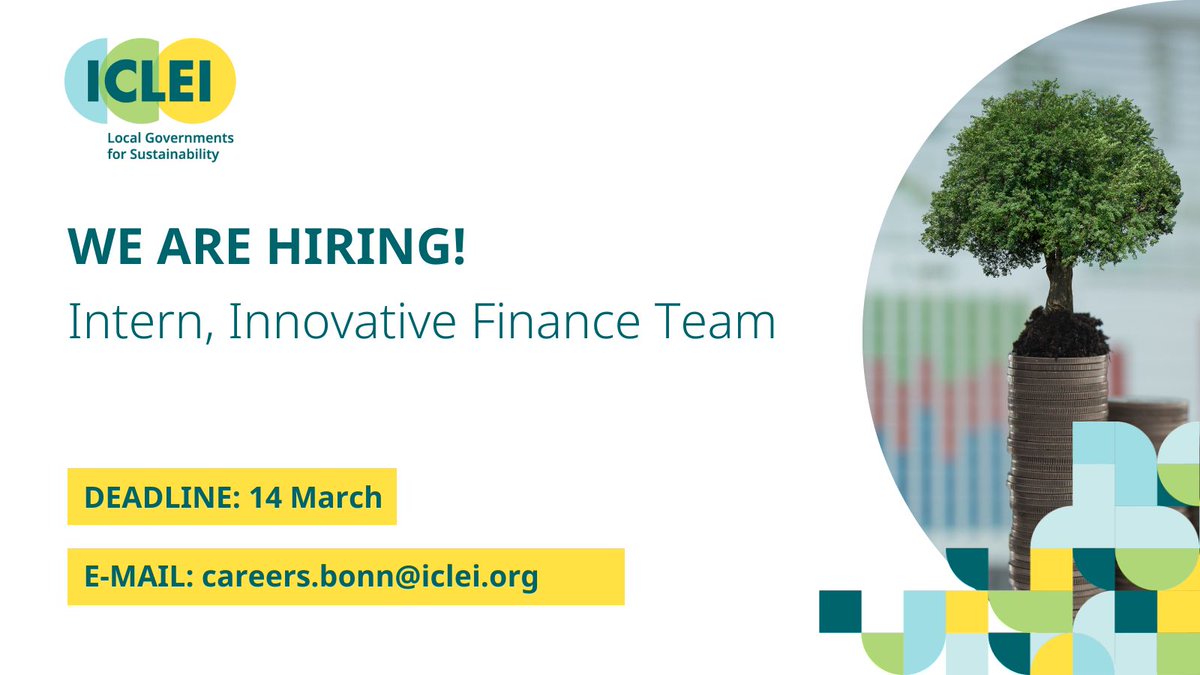 ICLEI (@iclei) on Twitter photo 🚨 Internship alert! #ICLEI World Secretariat in Bonn, Germany, offers a hands-on sustainable finance internship for Master’s students in their final study phase, enrolled in finance, economics, sustainability, or related fields.
Apply by 14 March!
👉 tinyurl.com/ytz58wrp 🚨 Internship alert! #ICLEI World Secretariat in Bonn, Germany, offers a hands-on sustainable finance internship for Master’s students in their final study phase, enrolled in finance, economics, sustainability, or related fields.
Apply by 14 March!
👉 tinyurl.com/ytz58wrp