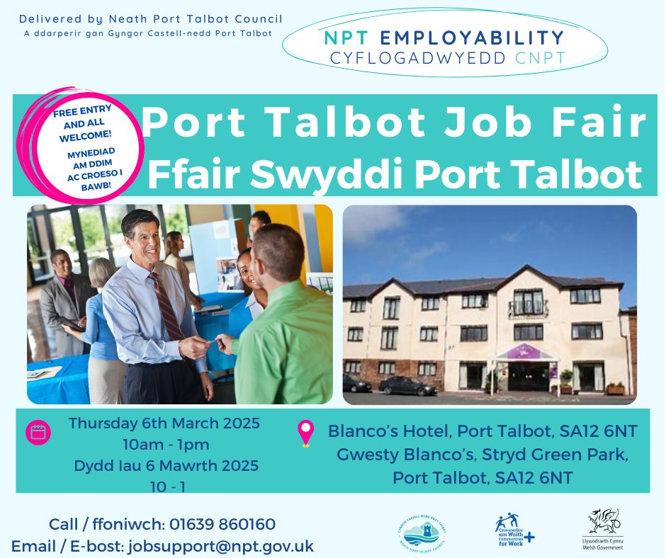 We will be attending a job fair in Blanco's Hotel, Port Talbot on Thursday 6th March between 10am-1pm.

Come along and hear about some of our job opportunities and how to apply!