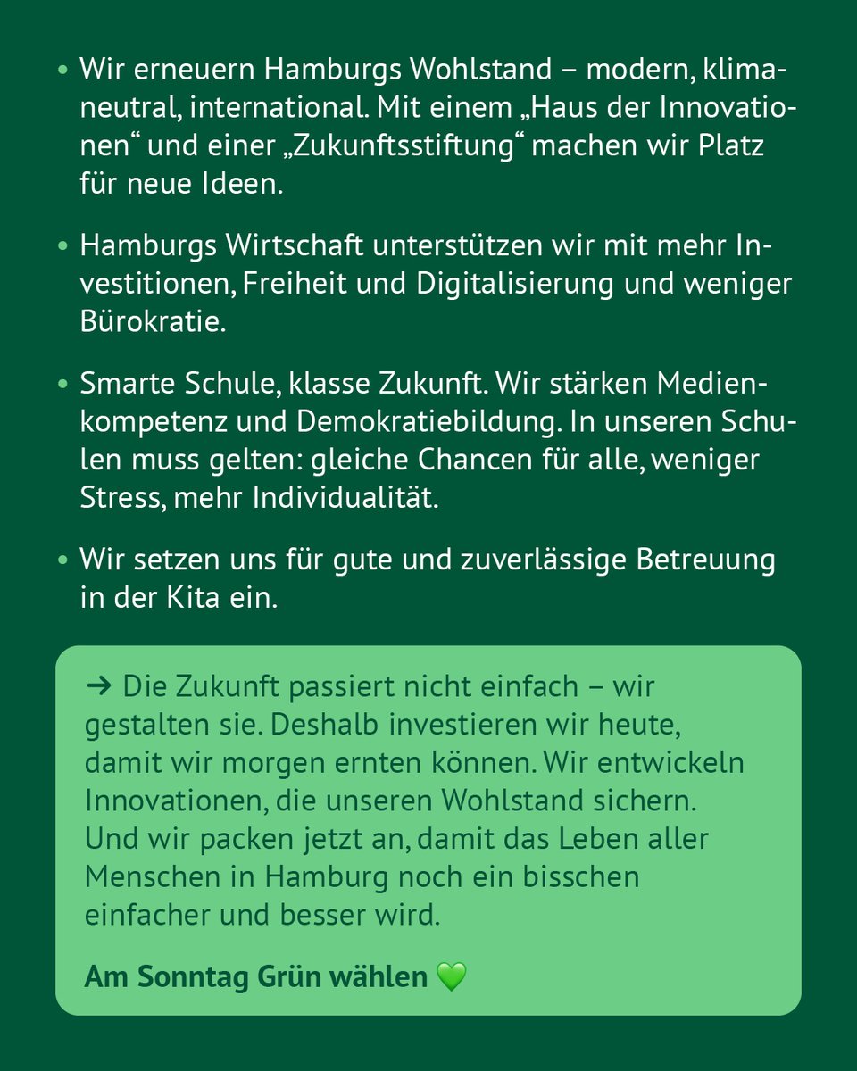 Hamburger*innen aufgepasst: Am Sonntag könnt ihr wählen – für eine Stadt, die lebenswert, bezahlbar und fit für die Zukunft ist - und zwar für alle Menschen. Am 2. März GRÜN wählen. 💚

#HamburgWählt