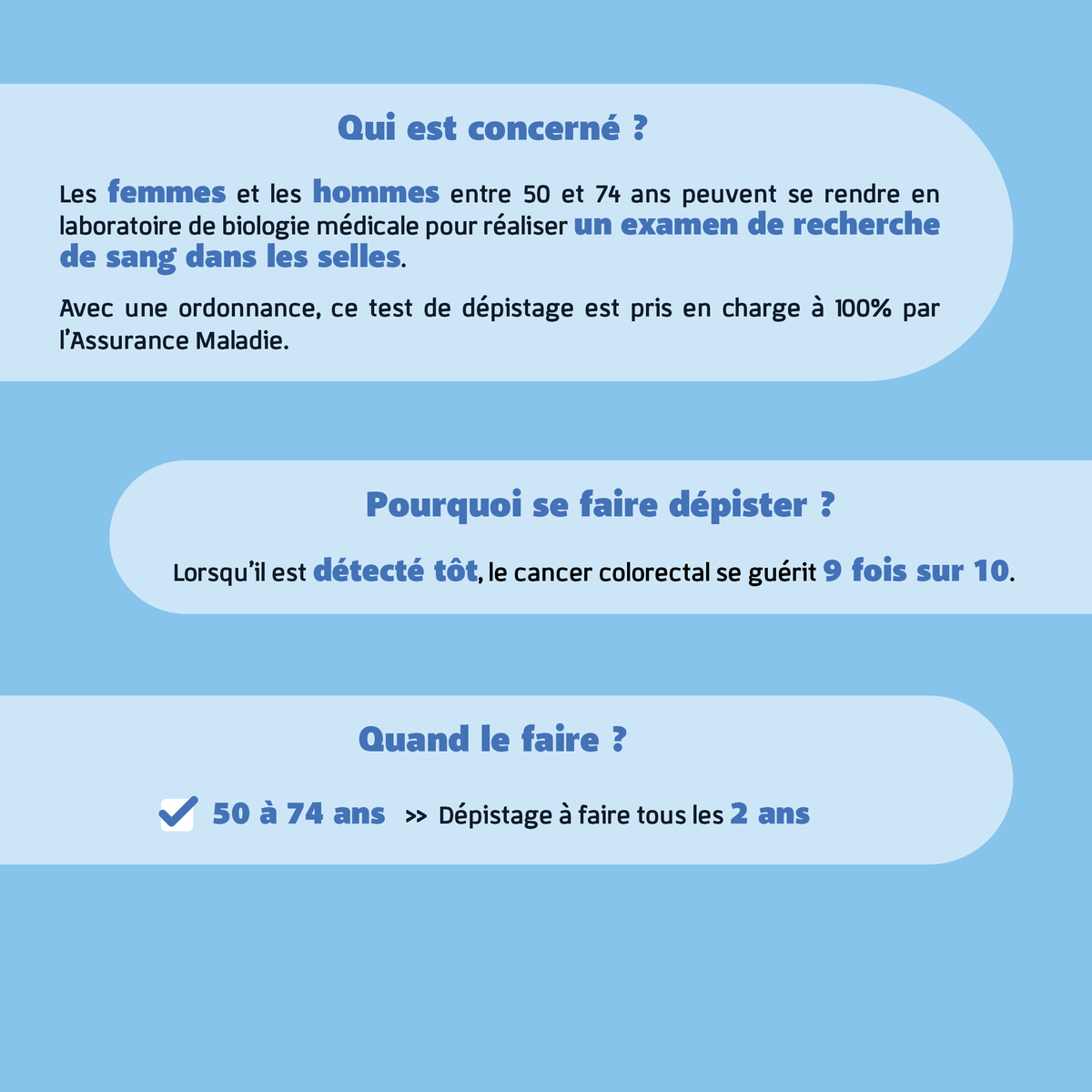 Pourquoi se faire dépister du cancer colorectal ?

 ✔ Il peut être asymptomatique pendant plusieurs années
 ✔ Un test simple et rapide permet de détecter des lésions précancéreuses avant qu’elles n’évoluent
 ✔ Plus la détection est précoce, plus les traitements sont efficaces