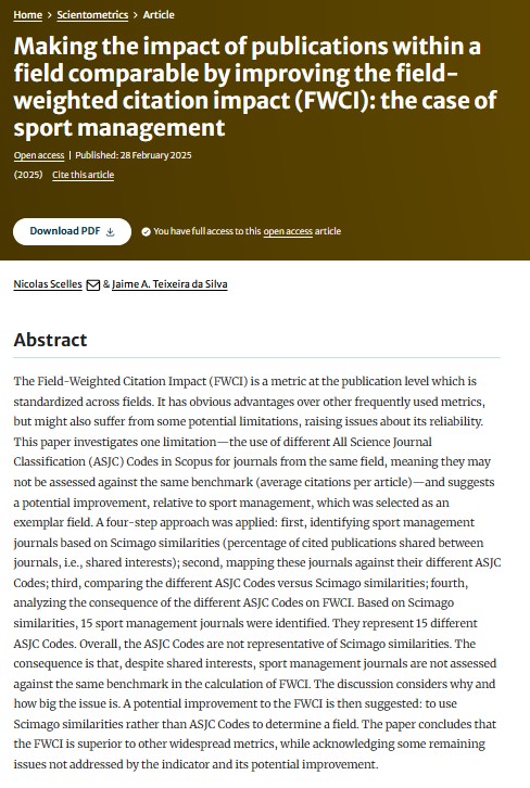 Sport Policy Unit - MMU (@spu_mmu) on Twitter photo Dr Nicolas Scelles (<a href="/Scenic82/">Nicolas Scelles</a>) has a new publication titled, "Making the impact of publications within a field comparable by improving the field-weighted citation impact (FWCI): the case of sport management" in the journal Scientometrics.
Link: link.springer.com/article/10.100⦠Dr Nicolas Scelles (<a href="/Scenic82/">Nicolas Scelles</a>) has a new publication titled, "Making the impact of publications within a field comparable by improving the field-weighted citation impact (FWCI): the case of sport management" in the journal Scientometrics.
Link: link.springer.com/article/10.100ā¦