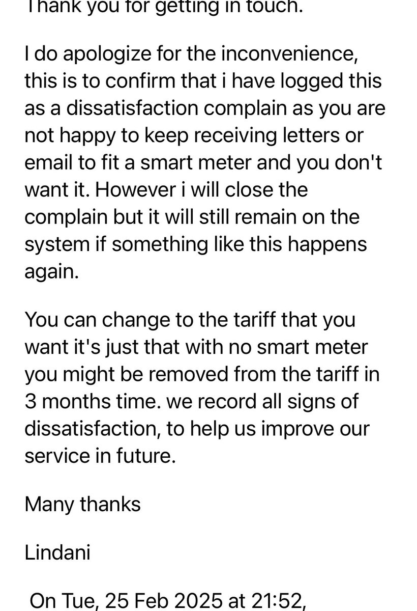 Jenmet4's tweet photo. @MartinSLewis Still having the smart meter requirement argument. EDF said I can sign to a fixed rate but I may be removed from it in 3 months if I don’t have a smart meter fitted https://t.co/FOl0NAD02U