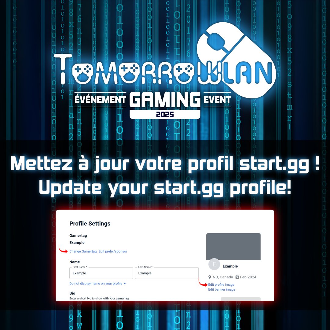 Make sure your gamertag 🎮 and avatar 🖼️ on start.gg are up to date by Sunday, March 2 at 11:59pm ⏰, so we can create your personalized badge. Those not registered in time will receive a blank badge ☹️.

-> tlan.ca
