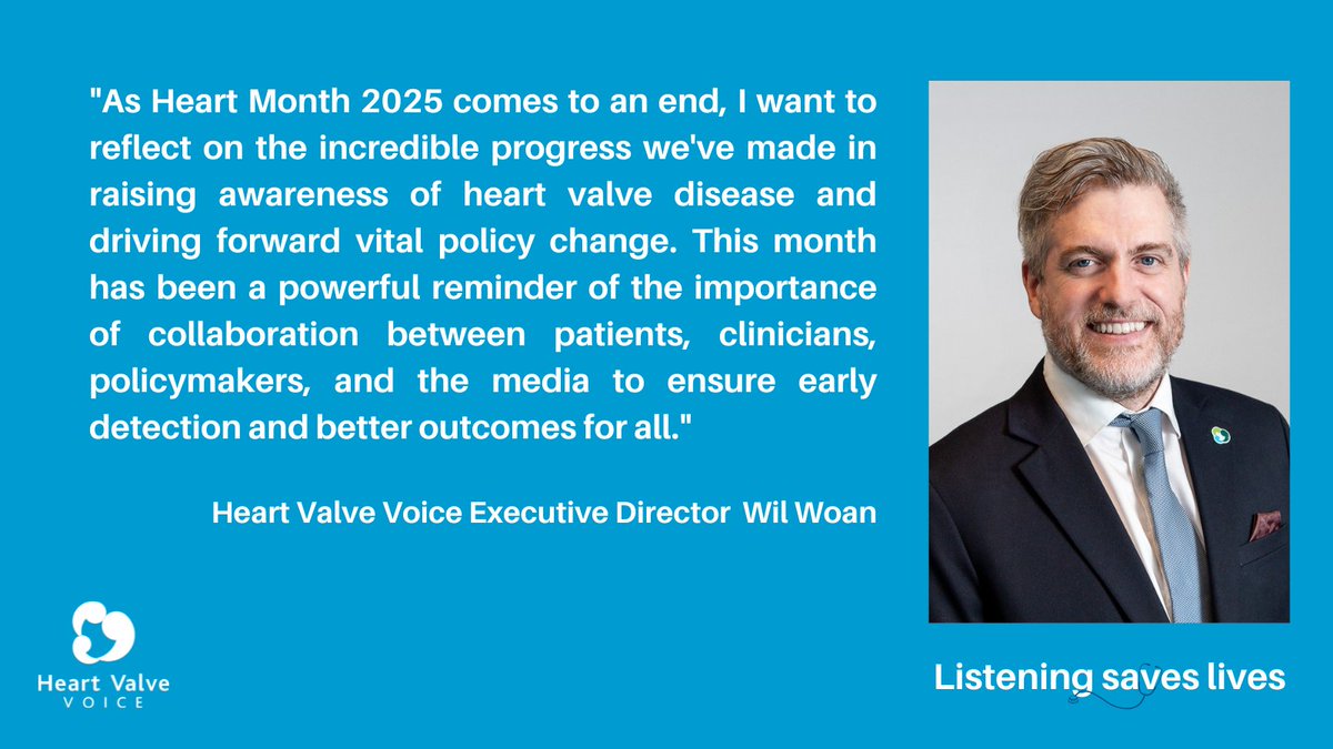 As we mark the end of this year's Heart Month, Heart Valve Voice’s Executive Director <a href="/WilWoan/">Wil Woan</a> reflects on the progress we've made in raising awareness of heart valve disease and driving forward vital policy change.
Read more here: ow.ly/33oB50V88Gp