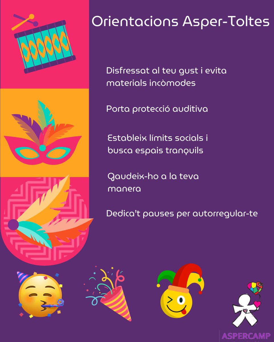 🎭 Carnaval i Asperger-TEA: Gaudeix-lo al teu ritme! 💜

✅ Tria esdeveniments tranquils.
🎭 Disfressa’t còmodament (o no!).
🔊 Porta protecció auditiva.
🤝 Marca els teus límits socials.
🕰 Descansa quan ho necessitis.

No hi ha una única manera. Fes-ho a la teva! ✨💜