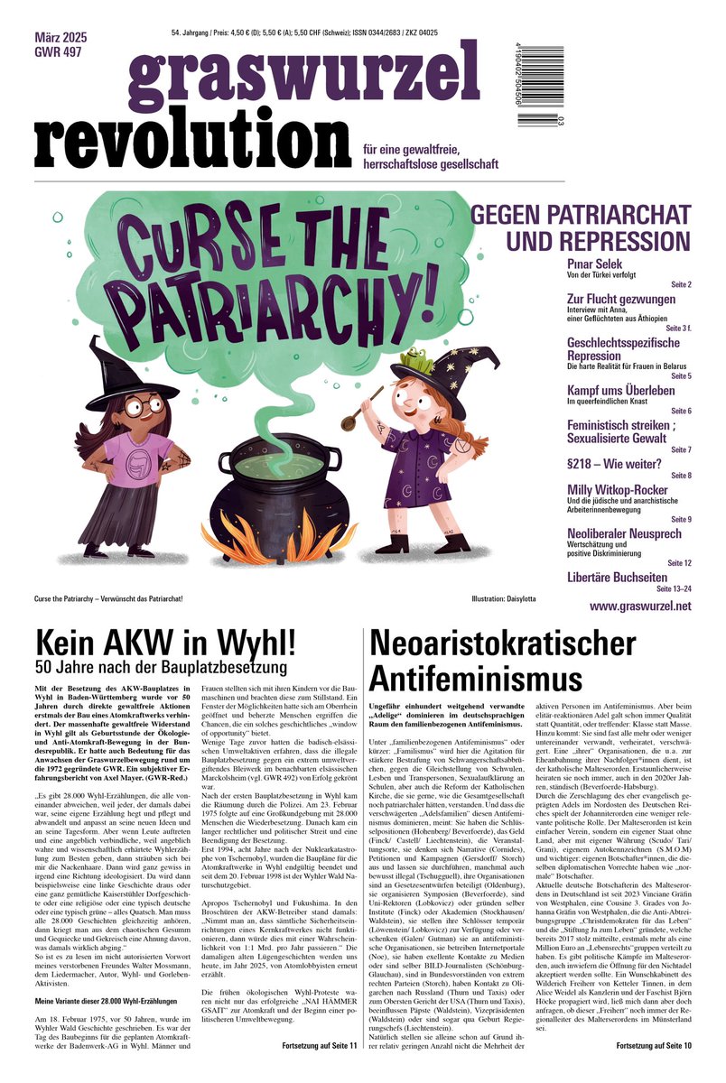 Die #Graswurzelrevolution Nr. 497 (März 2025, inklusive Libertäre Buchseiten, Auflage: 5.000) bekommt Ihr im Bahnhofskiosk, Buchladen, in Infoläden, linken Kneipen &amp; Zentren oder - am besten - direkt bei: graswurzel.net/gwr/service/ab… #Feminismus #Anarchismus #Frauenkampftag