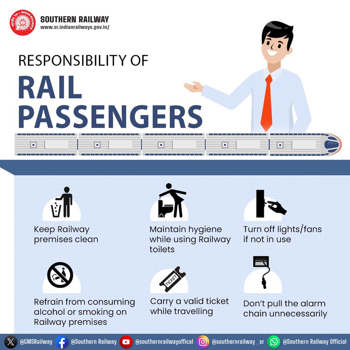 DrmChennai's tweet photo. Be a responsible rail passenger: avoid spitting, smoking, and littering.
Help keep our trains and premises clean.
#CleanTrains #RailResponsibility https://t.co/yjmOVqxVSr