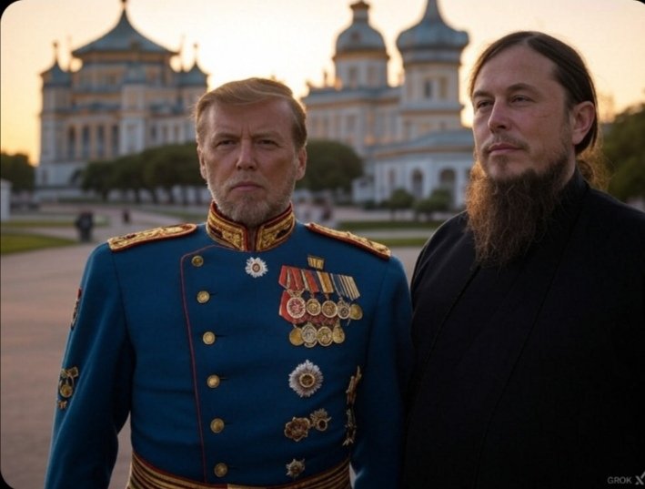 SimeonAScott's tweet photo. I'm having great difficulty (yes, everything is relative) in getting #XAiGrok to create a good propaganda #image of #TzarTrump and #Muskputin his buddy. Here is the best so far. I am trying for a family shot (pun not intended) but it gets confused and makes duplicates, etc. https://t.co/G07q9oNmPH