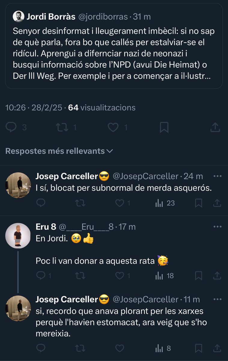 Orriolistes desbocats aplaudint l’inspector de la brigada d’informació de la policia nacional i ara dirigent de V0X, que em va trencar la cara mentre cridava ¡viva España, viva Franco!

Aquesta és la gentussa que diu que salvarà Catalunya.