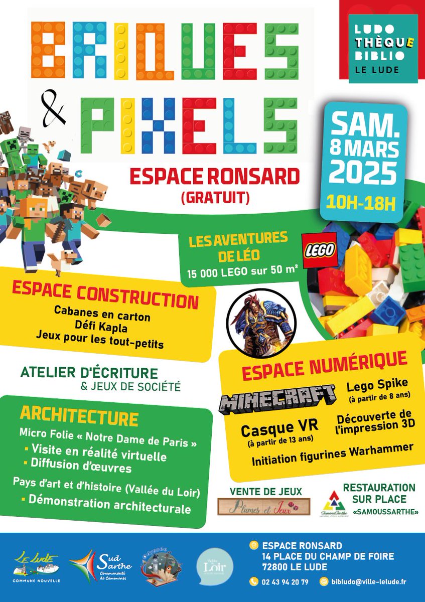 villelelude's tweet photo. BRIQUES &amp; PIXELS – UNE JOURNÉE AUTOUR DE LA CONSTRUCTION ! 
Le 8 mars 2025, plongez dans un univers ludique mêlant LEGO, jeux de construction, numérique et découverte architecturale à l’Espace Ronsard – Le Lude ! 
Événement gratuit, de 10h à 18h ! https://t.co/Gq2DA6GXdF