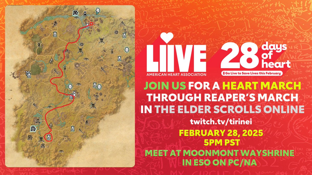 📷 Join us Feb 28, 5 PM PST for a charity stream in ESO's Reaper's March! Benefiting <a href="/American_Heart/">American Heart Association</a>, let's explore Tamriel &amp; support heart health! twitch.tv/tirinei #AHACharityStream #GamingForGood #ESOFam #CrushtheGoal