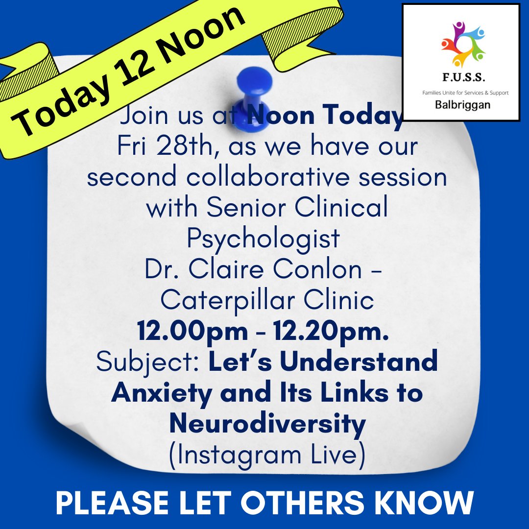IT's TODAY -  from 12.00pm (noon) to 12.20pm.

#collaboration #fussbalbriggan #neurodivergent #disability #disabilityawareness #autism #adhd #parents #educators #SLT #Teaching #Children #Family