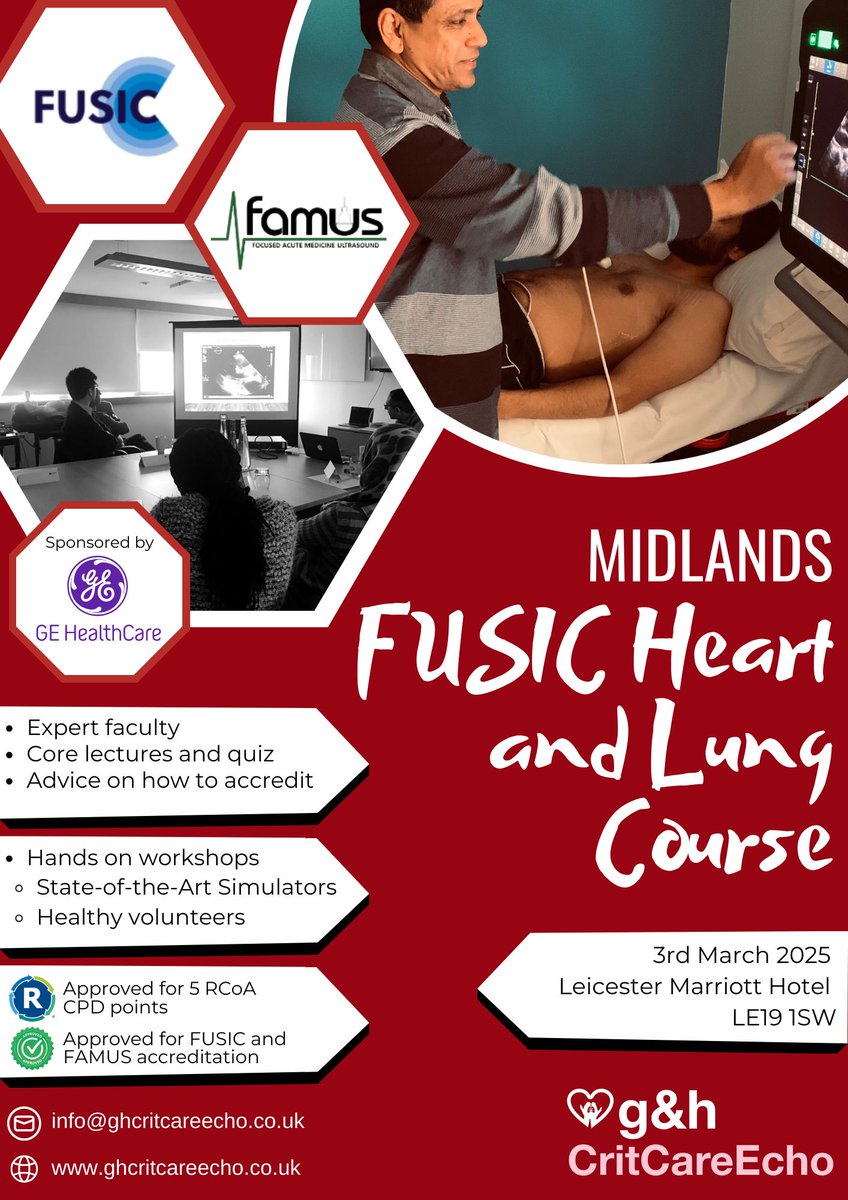 ghcritcareecho's tweet image. ⚡️ 48 hours left to book - 1 space left!

Midlands  FUSIC Heart &amp;amp; Lung Course

📅 March 3rd
📍 Leicester Marriott Hotel
🔬 GE and Intelligent ultrasound systems
👥 1:4 faculty ratio
🎯 Sim + live scanning

Don&apos;t miss out!

💻📱Register your place 

buff.ly/3NeBJUV