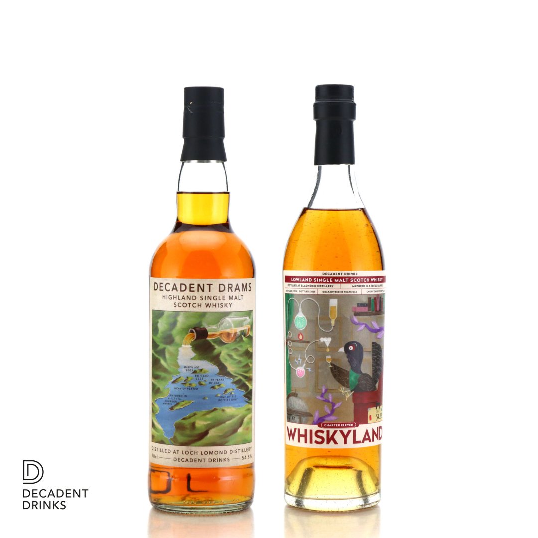 DecadentDrinks's tweet photo. DOUBLE LAUNCH! 
Decadent Drams Loch Lomond 19yo – Heavily peated, bold, smoky, and cask strength. Old-school charm with a spicy-sweet edge

Whiskyland Chapter Eleven: Bladnoch 35yo – Lush fruit, deep spice, and a gorgeous waxy finish from a single refill barrel

grab yours now! https://t.co/p5SvG45imy