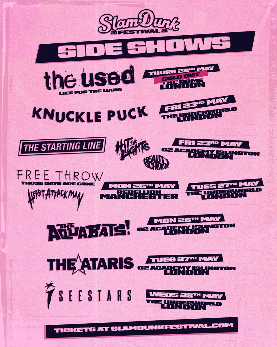 Alongside their festival performances this year, we're excited to announce a series of side shows featuring <a href="/WeAreTheUsed/">The Used</a> (SOLD OUT), <a href="/KnucklePuckIL/">Knuckle Puck</a>, <a href="/TheStartingLine/">The Starting Line</a> with <a href="/HTLband/">Hit The Lights</a> &amp; <a href="/btyschl/">beauty school</a>, <a href="/FreeThrowEmo/">FREE THROW</a> with <a href="/HeartAttackMane/">HEART ATTACK MAN</a>, <a href="/TheAquabats/">THE AQUABATS!</a>, <a href="/theataris/">The Ataris</a> and <a href="/iseestarsmusic/">I SEE STARS</a> 🙌