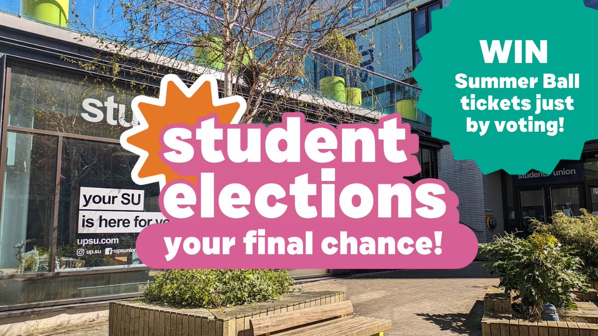 2 hours to go until the #StudentElections voting closes!

MIDDAY (Friday 28th Feb) 📣

#VOTE to #WIN #PRIZES including #SUMMERBALL tickets!!! 

*you are automatically entered to WIN!

🔗 upsu.com/elections/