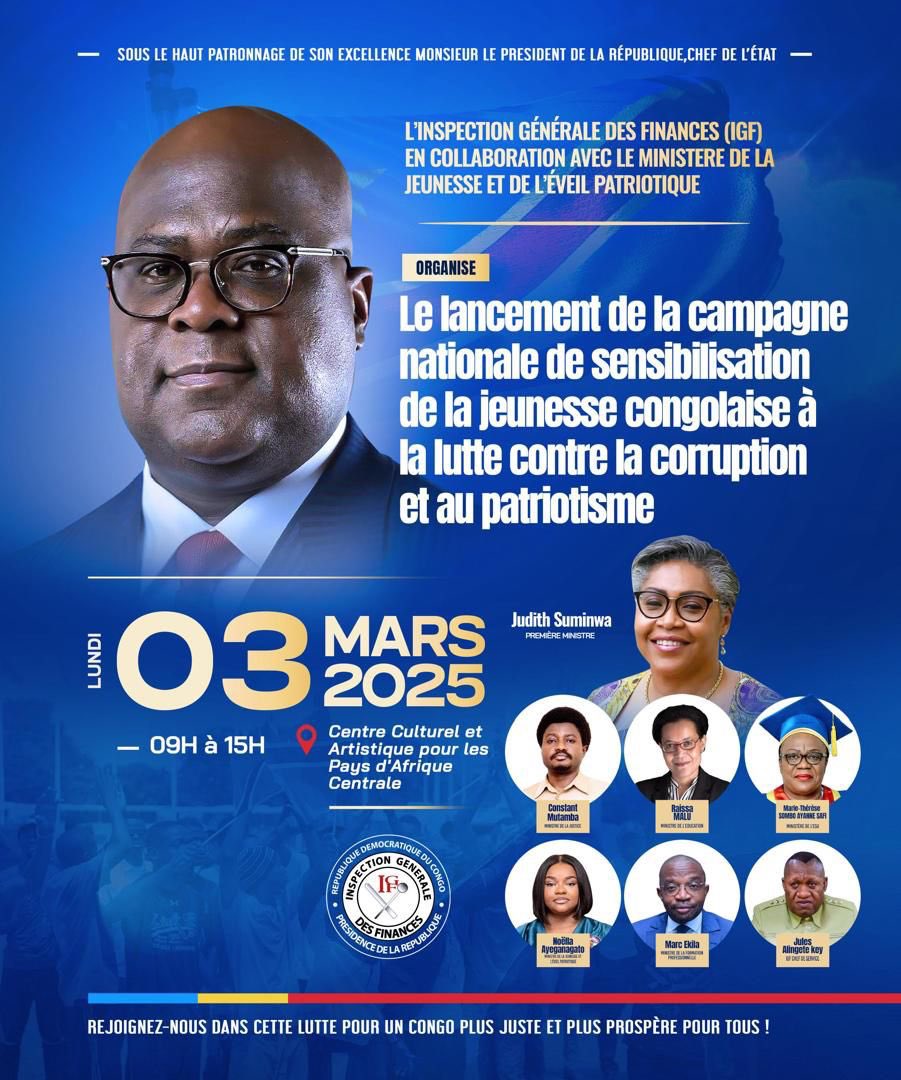 #RDC : <a href="/IGF/">Ingrid</a> en collaboration avec le Ministère de Jeunessem organisent le lancement de la campagne nationale de sensibilisation de la jeunesse congolaise à la lutte contre la corruption et au au patriotisme, le 03/02/2025, au centre Culturel et Artistique  pour le pays d'Afrique.