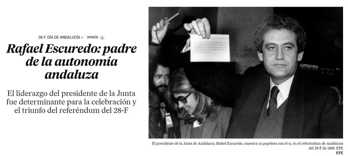 psoedeandalucia's tweet photo. 🖋️ Os compartimos el artículo de opinión de @manolopezzi en @elpaisandalucia. 

Rafael Escuredo: padre de la autonomía andaluza
El liderazgo del presidente de la Junta fue determinante para la celebración y el triunfo del referéndum del 28-F. 

https://t.co/BADvC9TjSU