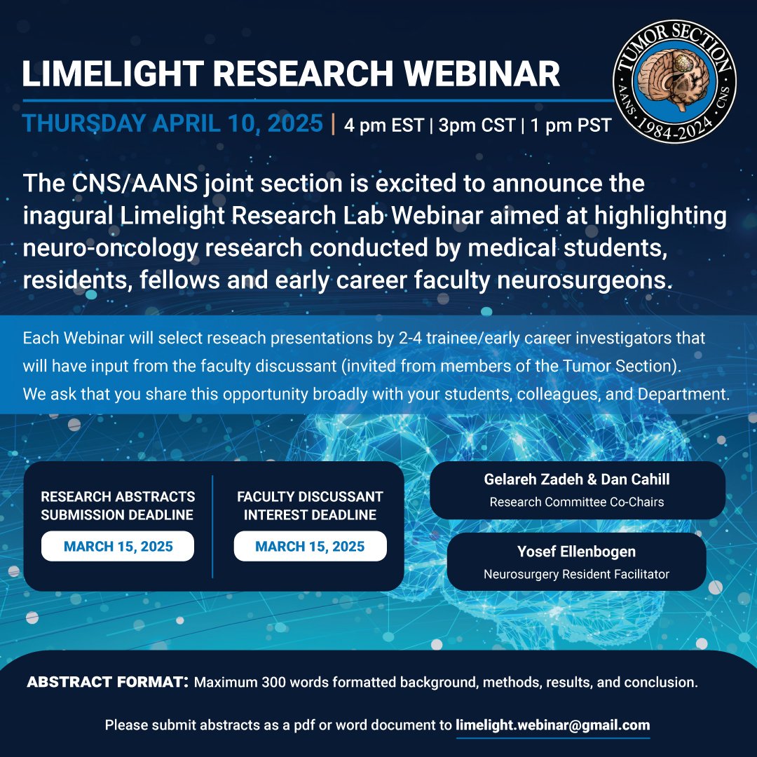 NS Tumor Section (@nstumorsection) on Twitter photo Excited to announce this huge opportunity!
Submit abstract and letter of interest as faculty: limelight.webinar@gmail.com
<a href="/AANSNeuro/">AANS</a> <a href="/CNS_Update/">CNS</a> <a href="/gelarehzadeh/">gelareh-zadeh</a> <a href="/hadjiMDPhD/">Costas Hadjipanayis</a> <a href="/dancahill/">dancahill</a> <a href="/MayoClinicNeuro/">Mayo Clinic Neuro</a> <a href="/noorulhudamaria/">Noor ul huda Maria MD</a> Excited to announce this huge opportunity!
Submit abstract and letter of interest as faculty: limelight.webinar@gmail.com
<a href="/AANSNeuro/">AANS</a> <a href="/CNS_Update/">CNS</a> <a href="/gelarehzadeh/">gelareh-zadeh</a> <a href="/hadjiMDPhD/">Costas Hadjipanayis</a> <a href="/dancahill/">dancahill</a> <a href="/MayoClinicNeuro/">Mayo Clinic Neuro</a> <a href="/noorulhudamaria/">Noor ul huda Maria MD</a>