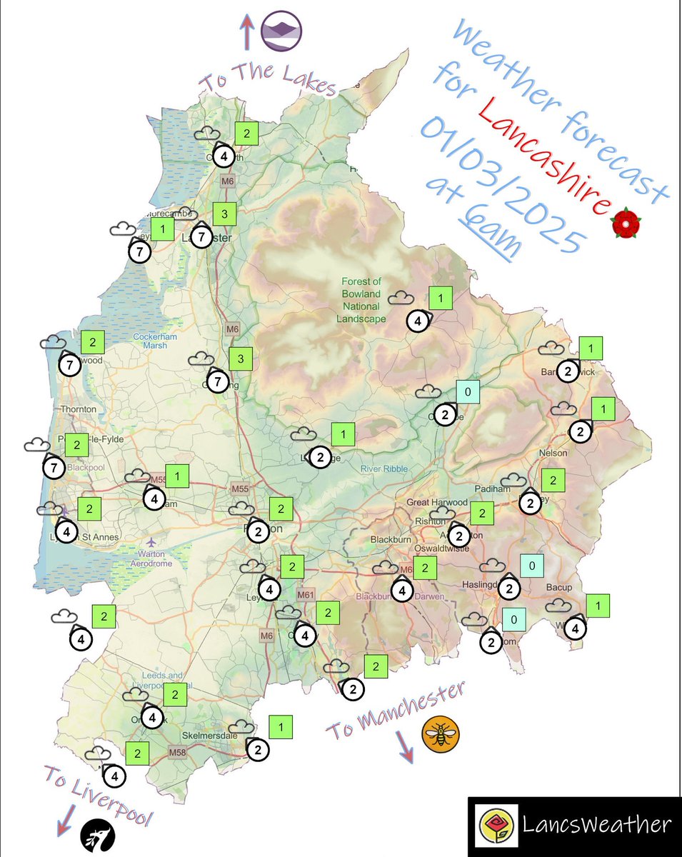 LancsWeather's tweet photo. Weather forecast for Lancashire tomorrow, ☁️ Saturday ☁️ 1st March 2025 #lancsweather #lancashire #weather #forecast #blackburn #blackpool #burnley #chorley #fylde #hyndburn #lancaster #pendle #preston #ribblevalley #rossendale #southribble #westlancashire #wyre https://t.co/pxnoMThsN0