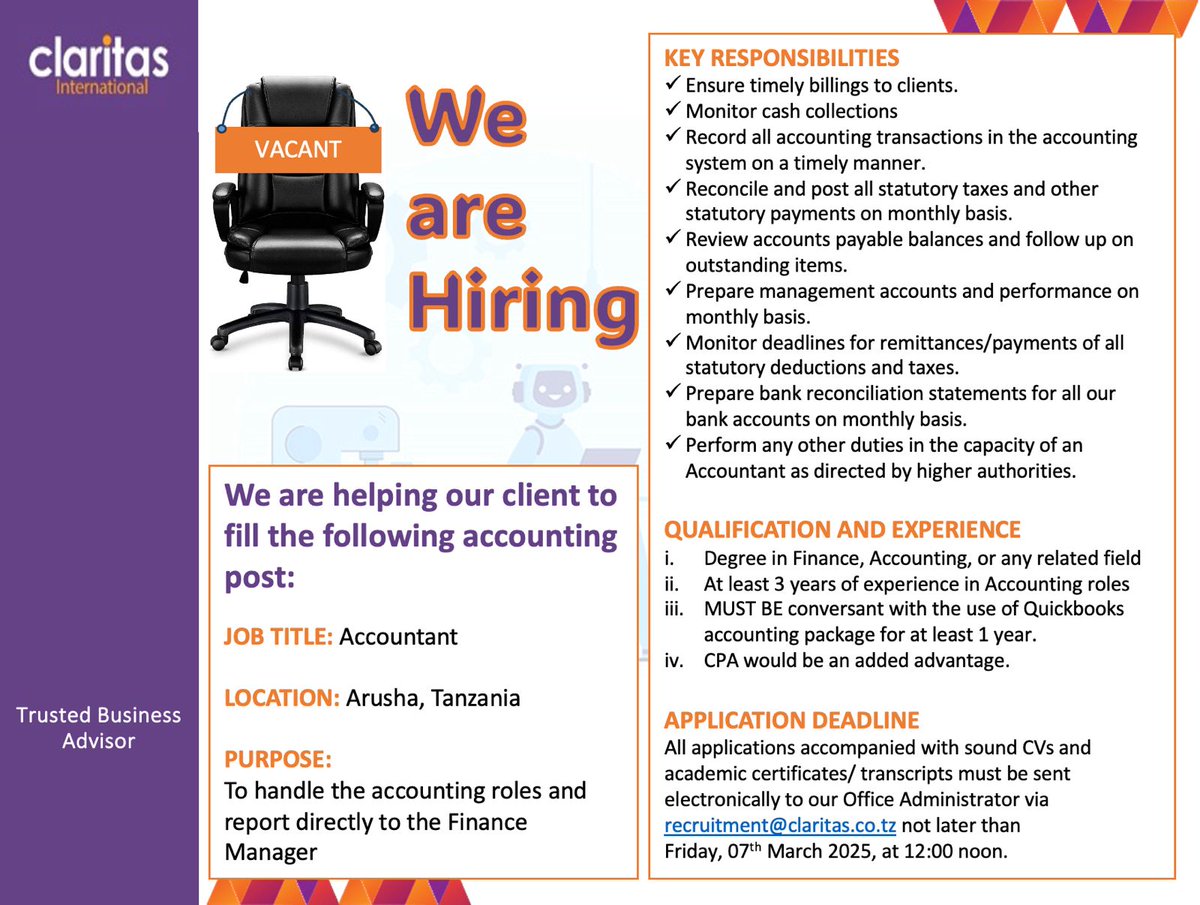 We are thrilled to announce that Claritas International is looking for an Accountant. If you are interested and meet the required qualifications, please send your CV and academic certificates/transcripts to recruitment@claritas.co.tz.