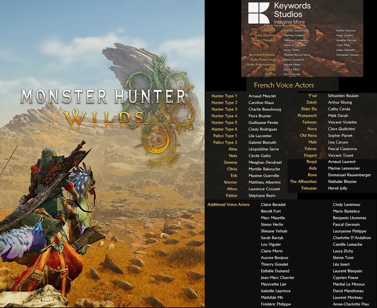 Carton de doublage du jeu vidéo "Monster Hunter Wilds" dirigé par <a href="/KevinHouee1/">Kevin Houee 🇨🇵</a> 

Avec <a href="/GuillaumePevee/">Guillaume Pevée</a> <a href="/LilaLacombe/">Lila Lacombe</a> <a href="/LeopoldineSerre/">Léopoldine Serre</a> <a href="/m_dendrael/">Meaghan DENDRAEL</a> <a href="/MaxGuerville/">Maxime Guerville</a> <a href="/arthur_khong/">Arthur Khong</a> <a href="/ArnaudLcomedien/">Arnaud Laurent</a> <a href="/Benoit_Fort/">Benoît Fort-Junca</a> <a href="/simoncomedien/">Simon Herlin 🎙️🎭</a> <a href="/ichbinLoudwig/">Lou Viguier</a> <a href="/StevieTomi/">Stevie</a> et <a href="/L_Blanpain/">Laurent Blanpain</a>