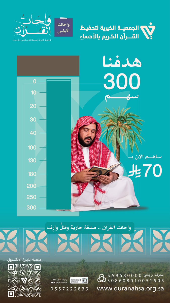 قال رسول الله ﷺ: “خيركم من تعلم القرآن وعلّمه”. أكثر من 14000 طالب وطالبة يحفظون القرآن يومياً  ساهم بدعمهم عبر حملة *واحات القرآن* التي تطلقها جمعية تحفيظ الأحساء  store.quranahsa.org.sa  ترخيص رقم ٣٤٤١
#يوم_الجمعة #الاحساء
