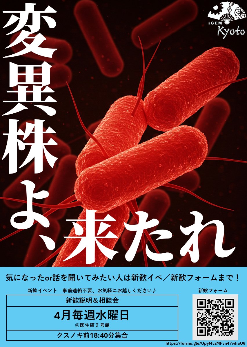 京都大学を受験された皆様、お疲れさまでした！！！ iGEM Kyotoでは、常識を破壊する変異株の入会をお待ちしております！！ 
iGEM Kyotoの活動に少しでも興味のある方は、広報アカウントへのDMまたは、新歓フォームへ気軽にご連絡ください！！
 広報アカウント：@igemkyoto2023