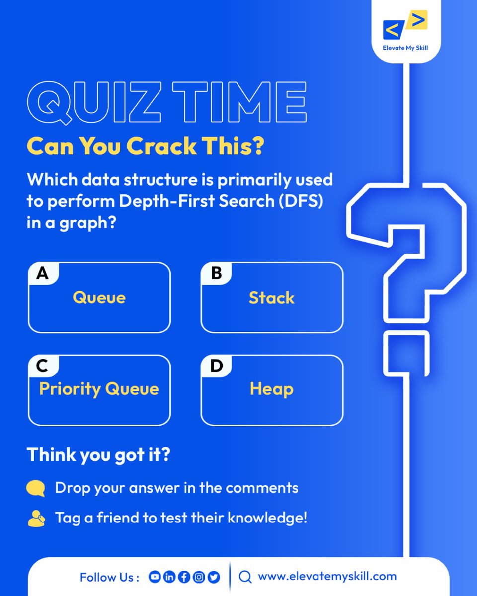 emsprolearn's tweet photo. 🔍 Which data structure is commonly used for Depth-First Search (DFS)?

A. Queue
B. Stack
C. Priority Queue
D. Heap

🤔 Drop your answer in the comments!

Visit https://t.co/9fBTd9EuTJ to learn more!

#techquiz #codingchallenge #DSA #thinklikeaprogrammer #elevatemyskill #edtech https://t.co/SDWi9VPQm4