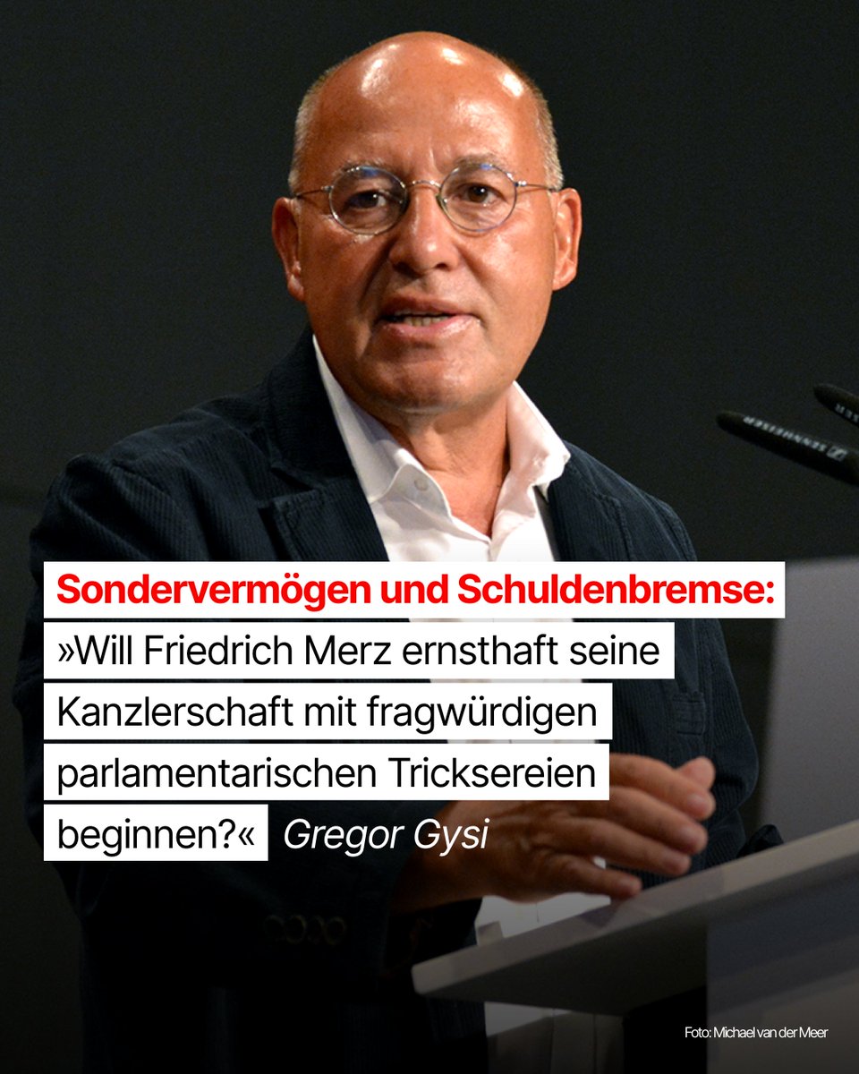 GregorGysi's tweet photo. CDU/CSU und SPD diskutieren öffentlich darüber, vor der Konstituierung des neuen Bundestages am 25. März durch den alten am 23. Februar abgewählten Bundestag ein 200 Milliarden Euro schweres #Sondervermögen für Aufrüstung und/oder eine Reform der #Schuldenbremse zu verabschieden. Sie wollen diesen Weg nur deshalb gehen, weil ihnen die Mehrheiten im alten, abgewählten Bundestag dafür lieber sind. Ich appelliere dringend zu respektieren, dass die Wählerinnen und Wähler sich am 23. Februar für neue Mehrheitsverhältnisse im Bundestag entschieden haben. 

Die CDU hat am 26. August 1994 in ihrem ersten Unvereinbarungsbeschluss festgelegt, dass eine Zusammenarbeit mit der damaligen PDS ausgeschlossen ist. Will Friedrich Merz ernsthaft seine Kanzlerschaft mit fragwürdigen parlamentarischen Tricksereien beginnen oder vielleicht doch die mehr als 30 Jahre alten ideologischen Scheuklappen ablegen? Es ist wenig glaubwürdig, dass die CDU in Thüringen mit der einstigen Anführerin der Kommunistischen Plattform, Sahra Wagenknecht, in einer Landesregierung koaliert, aber im Bundestag nicht einmal dazu bereit ist, mit der Linksfraktion zu reden, in der heute der ehemalige Thüringer Ministerpräsident Bodo Ramelow Mitglied ist.

Die Linke hat zum Sondervermögen und zur Schuldenbremse klare Positionen: Deutschland mit zusätzlichen 200 Milliarden Euro am weltweiten Wettrüsten zu beteiligen, wäre der völlig falsche Weg. Mehr Waffen sind kein Garant für Frieden, sondern machen Kriege wahrscheinlicher. Deshalb werden wir einem solchen Sondervermögen nicht zustimmen.

Die Schuldenbremse war von Anfang an ein Fehler. Einer Korrektur könnte meine Partei aber zustimmen, falls festgelegt werden würde, das laufende Kosten niemals aus Schulden, aber Zukunftsinvestitionen über Schulden finanziert werden können. Das hilft der jungen Generation, die wiederum bei der nächsten Generation denselben Weg gehen kann.

Demokratie ist eine schwierige Aufgabe. Wer sich die Demokratie beliebig zum eigenen Vorteil zurechtbiegt, fügt ihr Schaden zu - bis hin zum Zerbrechen. Demokratie ohne Kooperation und Kompromisse wird es nie geben.