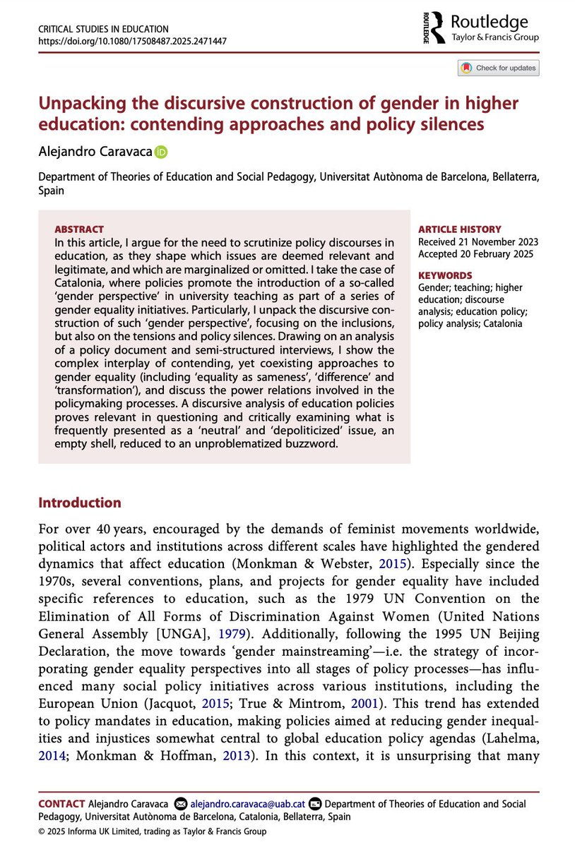 Alejandro Caravaca (@alejcaravaca) on Twitter photo 🎉 Exciting news! My latest paper, stemming from my PhD research, is now out in <a href="/CritStudsEd/">Critical Studies in Education</a>!
I analyze how ‘gender perspective’ is framed in higher education policies—what is included, what remains unsaid, and the power dynamics at play.
🔗doi.org/10.1080/175084… 🎉 Exciting news! My latest paper, stemming from my PhD research, is now out in <a href="/CritStudsEd/">Critical Studies in Education</a>!
I analyze how ‘gender perspective’ is framed in higher education policies—what is included, what remains unsaid, and the power dynamics at play.
🔗doi.org/10.1080/175084…