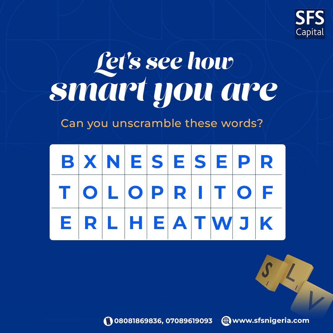 SFS_REIT's tweet photo. It’s Friday! Time to unwind and flex those brain muscles! Can you unscramble these 3 finance-related words? 

Drop your answers in the comments below!⬇️ 

#FinanceFun #WordChallenge #FinancialWizard https://t.co/2QOEjUGDLP