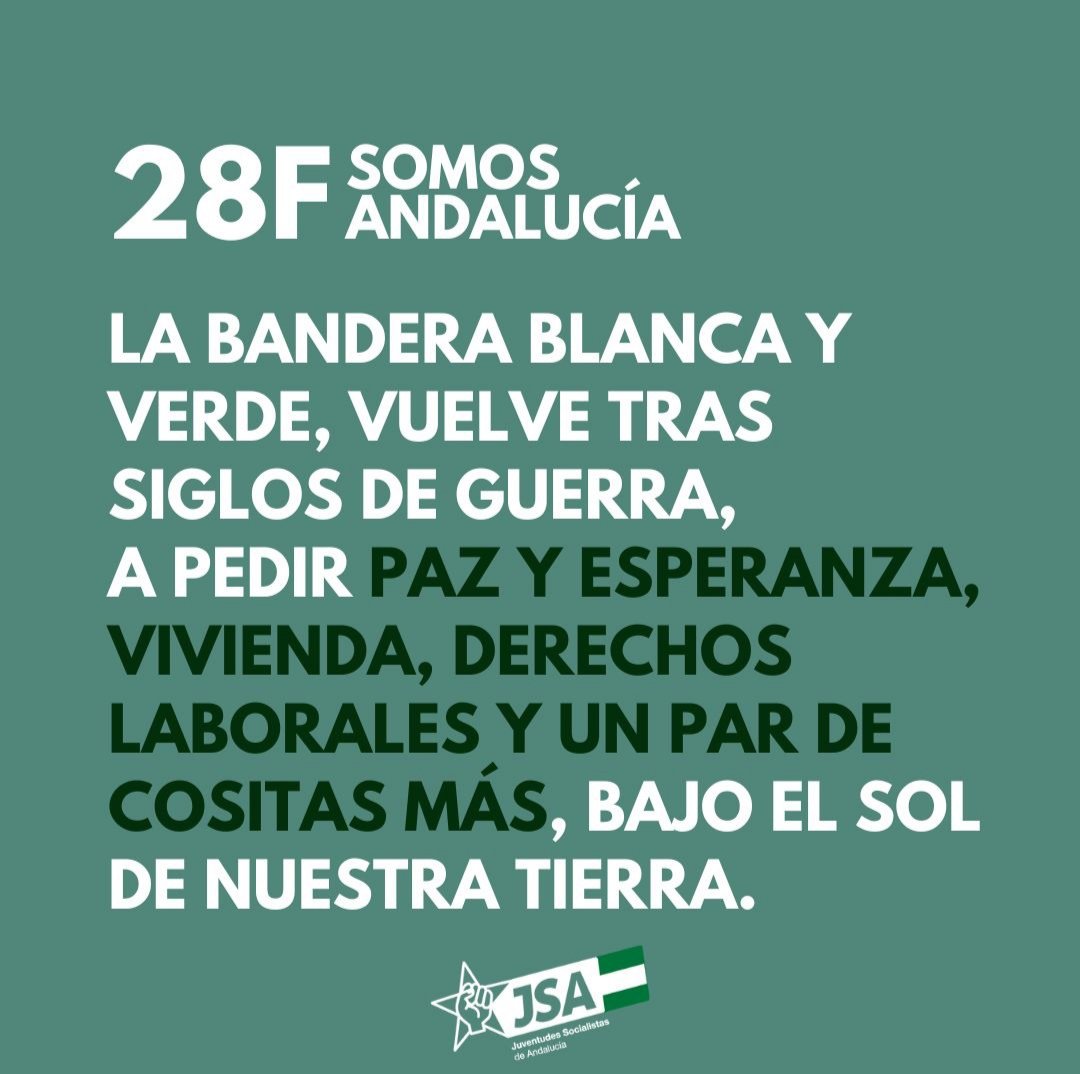 JSAndalucia's tweet photo. "Andaluces, levantaos
reivindicad vuestros derechos, libertades y vuestra tierra.
Sea por Andalucía libre"

45 años de nuestro referéndum de autonomía.

Feliz 28 de Febrero, Feliz Día de Andalucía💚🤍💚 https://t.co/XgCHaWUp8P