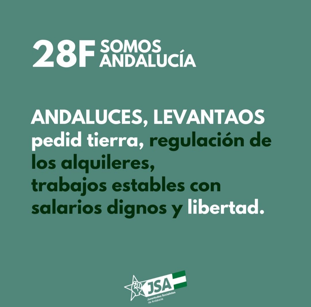 JSAndalucia's tweet photo. "Andaluces, levantaos
reivindicad vuestros derechos, libertades y vuestra tierra.
Sea por Andalucía libre"

45 años de nuestro referéndum de autonomía.

Feliz 28 de Febrero, Feliz Día de Andalucía💚🤍💚 https://t.co/XgCHaWUp8P