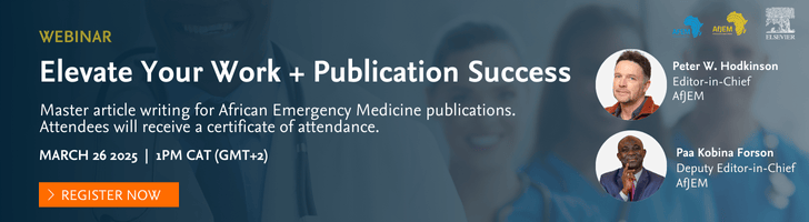 The African Federation for Emergency Medicine (@afemafrica) on Twitter photo 🚨 Calling all aspiring African EM authors! 🚨
Join the <a href="/AfJEM/">Afr J Emerg Med</a> Webinar: Getting Published 📝📢
🗓 26 March
⏰ 13h00 CAT
🔗 Register here: shorturl.at/TDTdd
✅ Expert insights & key resources
✅ Tips on getting published
✅ Q&A session
✅ Certificate of attendance 🚨 Calling all aspiring African EM authors! 🚨
Join the <a href="/AfJEM/">Afr J Emerg Med</a> Webinar: Getting Published 📝📢
🗓 26 March
⏰ 13h00 CAT
🔗 Register here: shorturl.at/TDTdd
✅ Expert insights & key resources
✅ Tips on getting published
✅ Q&A session
✅ Certificate of attendance