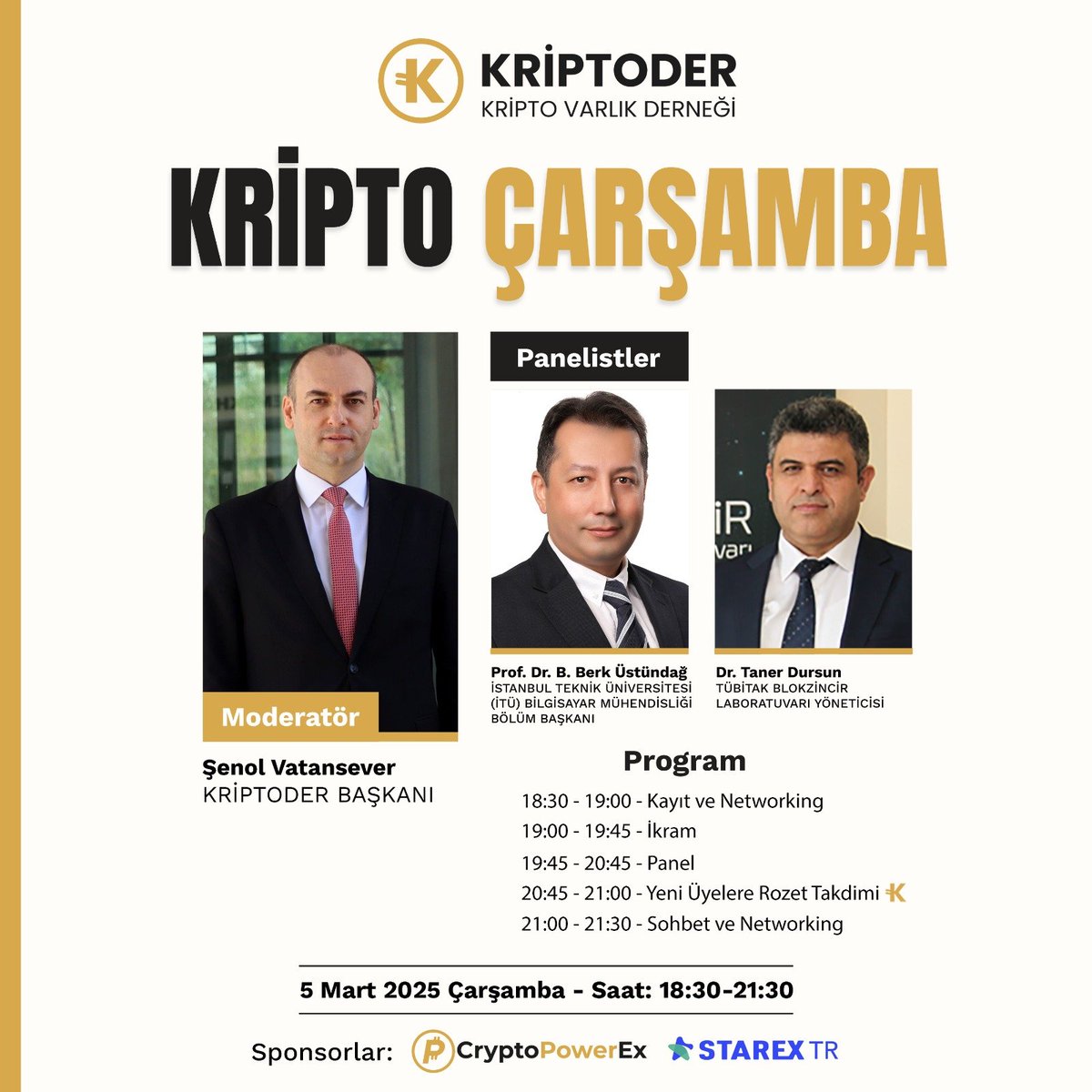 KRİPTO ÇARŞAMBA etkinliğimiz Mart ayında da devam ediyor. 

<a href="/powerexcrypto/">CryptoPowerEx</a> ve <a href="/StarexTurkiye/">StarEx TR</a> sponsorluğunda yapacağımız KRİPTO ÇARŞAMBA etkinliği için kayıt olabilirsiniz. 

Kayıt İçin
lu.ma/uwki4klb

Tarih: 05.03.2025
Saat: 18.30 

#KRİPTODER #Bitcoin #KriptoVarlık