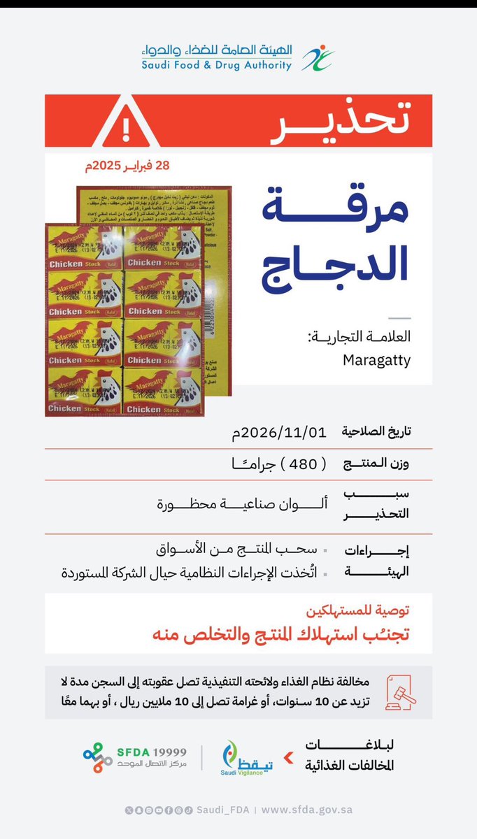 أصدرت الهيئة العامة للغذاء والدواء تحذيرًا من منتج مرقة الدجاج للعلامة التجارية المصرية  مرقتي (مرقتي ) Maragatty)، بلد المنشأ: جمهورية مصر العربية، والمعبأ في عبوات تزن 480 جرامًا، ويحمل تاريخ صلاحية 1/11/2026، وذلك لاحتوائه على ألوان صناعية محظورة (Dimethy1 Yellow, Sudan I,