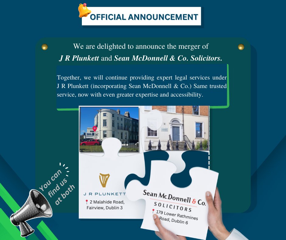 JRPLUNKETTX's tweet photo. 📢Exciting News!
J R Plunkett and Sean McDonnell &amp; Co. Solicitors have merged.
Same trusted service, now with even greater expertise and accessibility.🤝
#PropertyLaw, #FamilyLaw, #EstatePlanning, #Probate, #DisputeResolution. https://t.co/tv3WeySI0D