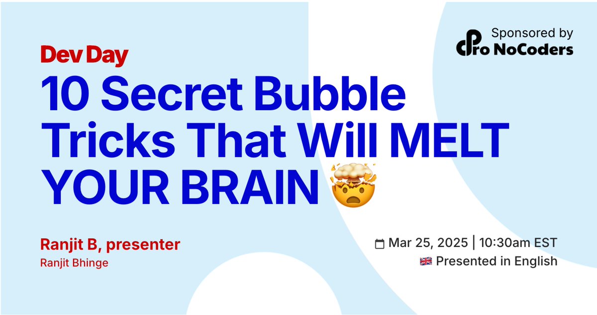 ranjitbhinge's tweet image. I've discovered some mad @bubble tricks over the years.

SO, I'm gonna teach a bit of that witchcraft at #devday. 
A few of these are honestly pretty awesome!
RSVP at devday[dot]live

#nocode #bubble