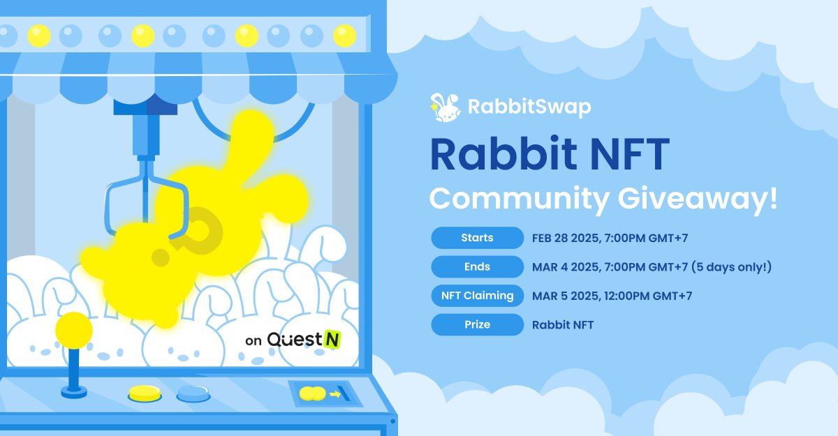 rabbitswapxyz's tweet image. 🐰 RabbitSwap's First-Ever Campaign is Here! 🎉

To celebrate the successful $RABBIT sale, we're launching the Rabbit-OG NFT Community Giveaway—our first official campaign! 🚀

🔥 Rabbit-OG NFTs are up for grabs! 🔥
Complete the tasks on QuestN for a chance to win!

📅 Campaign…