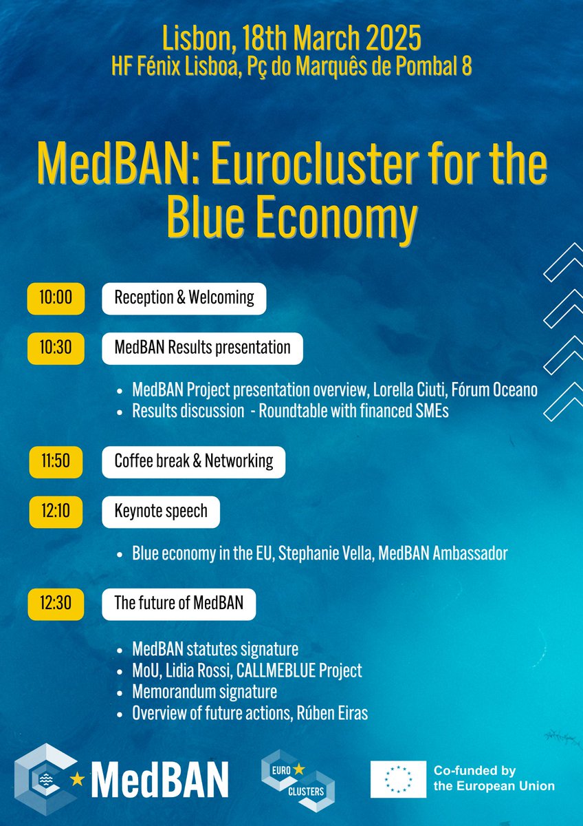 🌊 Discover the future of #MaritimeIndustry at the #MedBAN: Eurocluster for the Blue Economy event in #Lisbon, #Portugal, on March 18th. 

🔗 The event will be physical with the possibility to attend online. Register today: events.magellancircle.eu/medban-euroclu…
