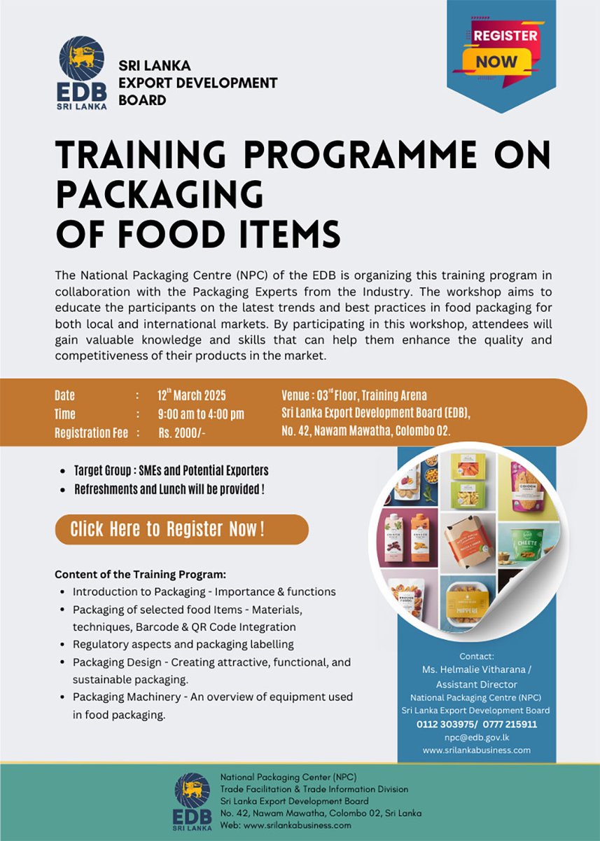 EDB_SriLanka's tweet image. Training Programme on Packaging of Food items
More Info 👉 bit.ly/41jBAGz
Apply Now 👉 bit.ly/3DfatUV
#TrainingProgramme #Packaging #sledb #food