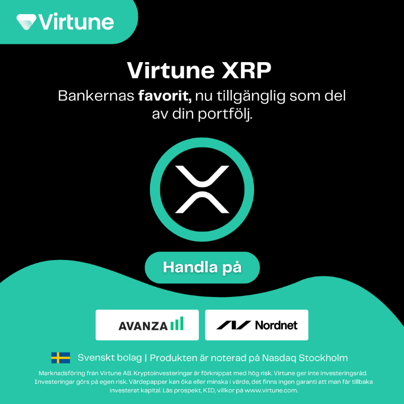 VirtuneAB's tweet photo. Sveriges mest populära krypto ETP - Investera enkelt i XRP som är noterad på Nasdaq Stockholm via ditt ISK.