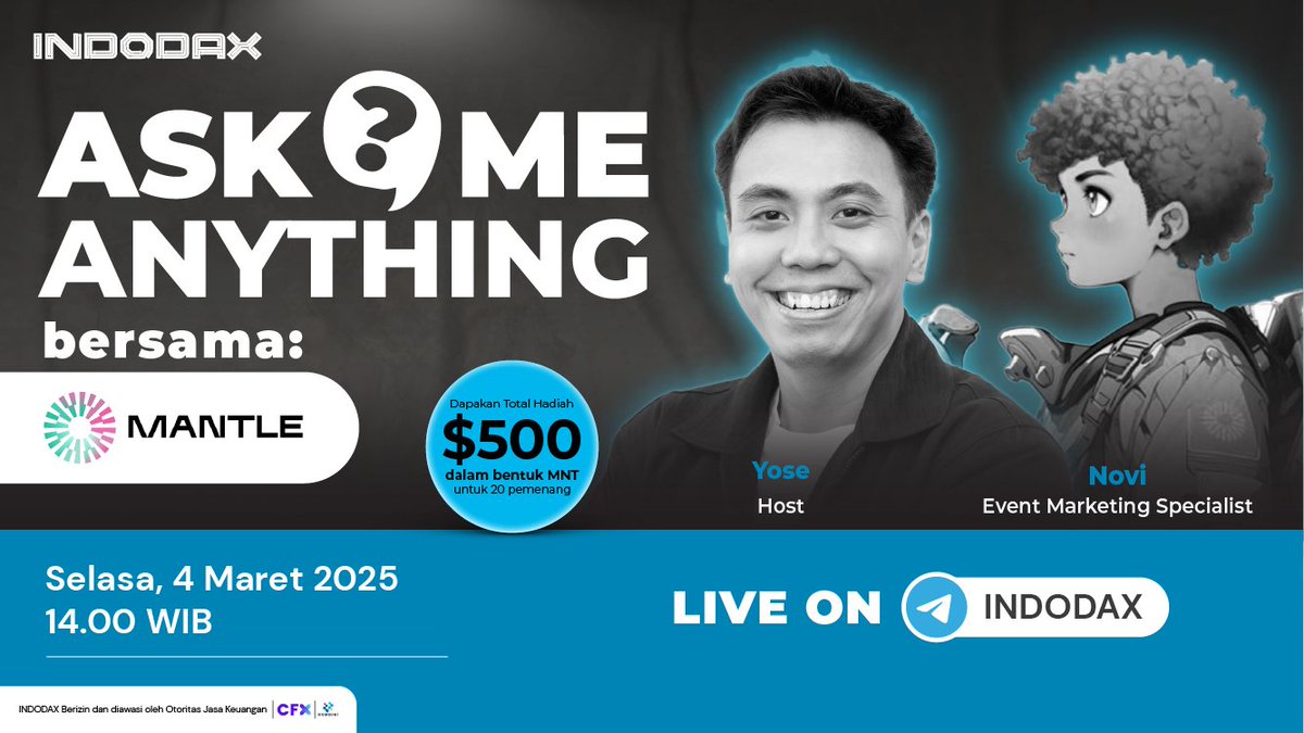 Yuk, kenalan lebih dalam sama MANTLE!

Di Ask Me Anything edisi kali ini, kita akan membahas lebih dalam mengenai MANTLE bersama Novi, Event Marketing Specialist of MANTLE.

Kamu juga berkesempatan buat menangin hadiah dengan total $500 dalam bentuk token MNT untuk 20 pemenang,