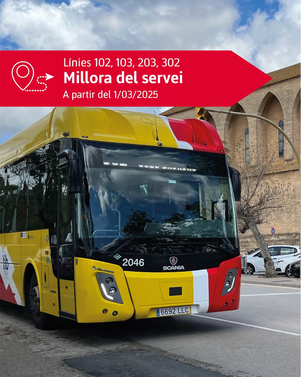 🚍La xarxa TIB incorpora millores per augmentar el servei de quatre línies de bus a partir d'aquest dissabte, dia 1 de març

Increment del servei a línies a diverses zones i municipis, com Peguera, Santa Ponça, Can Picafort, Alcúdia, Valldemossa o Deià

➡️tn.caib.es/MilloresTIBmar…