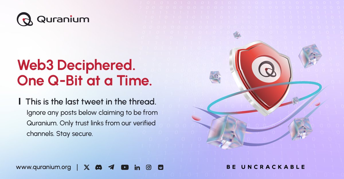 quranium_org's tweet photo. 6/ The Future of Trustless Systems
Blockchain is only as strong as its security. That’s why next-gen networks, like Quranium’s quantum-proof blockchain, are built to withstand the threats of tomorrow.

Are you ready for a truly trustless future?🚀

#QBits #Blockchain #Web3 #Trustless #Decentralization