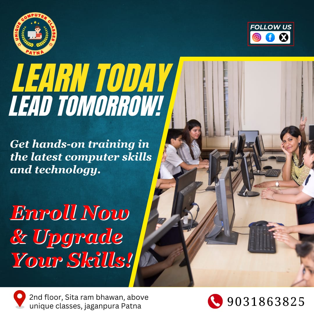 uniquecomputer0's tweet image. 💻 Learn Today, Lead Tomorrow! 🚀
Get hands-on training in the latest computer skills &amp;amp; technology to boost your career!
📢 Enroll Now &amp;amp; Upgrade Your Skills!

#UniqueComputerClasses #LearnAndGrow #ComputerSkills #TechTraining #DigitalSkills #EnrollNow #CareerBoost